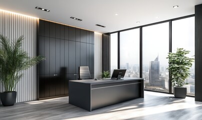 Modern interior design of the executive office, featuring a black cabinet with gray stripes and white lines
