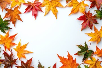 Fototapeta premium Autumn Maple Leaves Flat Lay White Background created with Generative AI