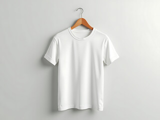 A plain white t-shirt mock up hanging on a wooden hanger against a plain wall.