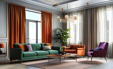 Fototapeta premium A modern apartment living room with a green sofa, a light pink chair and plaid pillows, a black chandelier hanging above the table