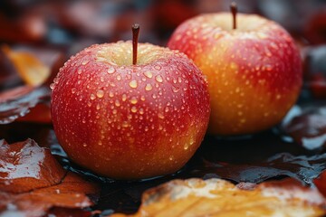 Close-up of two red apples with water droplets lying on colorful autumn leaves.