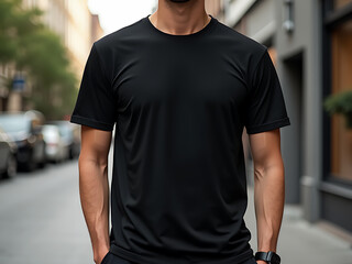 A plain black t-shirt worn by a model in an urban setting.