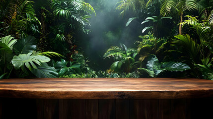 Wooden table in a tropical rainforest with mist and lush greenery.