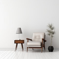Mid Century Modern Armchair with Side Table and Plant in White Room