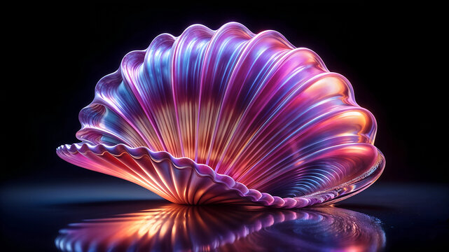 3D rendered colorful seashell with pink and purple shades on a dark background, artistic design, copy space