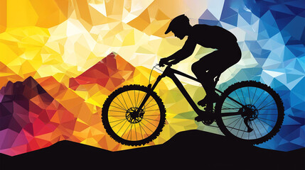 Fototapeta premium A silhouette of a man riding a mountain bike against a colorful background of low-poly triangular shapes
