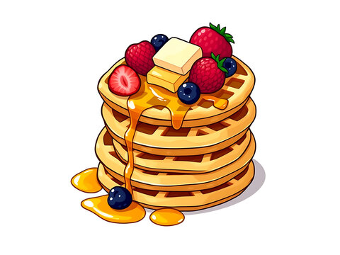 recommend clip art: A delicious clip art of a stack of waffles, topped with butter, syrup and  fruits. 