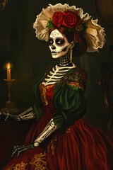 Fototapeta premium A couple dressed in black and red costumes with a skeleton bride