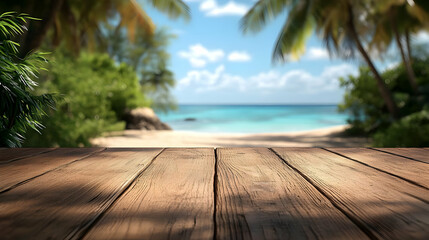 Wooden table in front of the beach with palm trees.