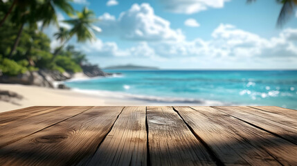 Wooden table with blurred tropical beach and blue ocean background.