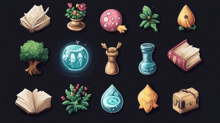 Whimsical Fantasy Icons: Imaginative 2D Set Representing Diverse Genres and Themes of Fantasy Literature
