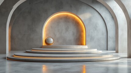 3D Render Abstract Grey Geometric Background with Oval Niche and Golden Frame: Modern Minimalist Showcase Scene in Art Deco Style Featuring Empty Hemisphere Shelf for Product Presentation
