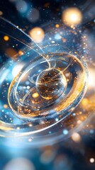 Abstract Blue and Gold Swirling Sphere with Bokeh Lights.