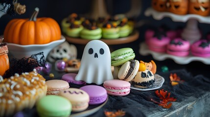 Obraz premium A Creative Halloween Dessert Table Featuring Spooky Treats from Around the World Including Ghost-Shaped French Macarons, Vibrant Colors, Photorealistic Presentation of Cultural Fusion and Festive Joy