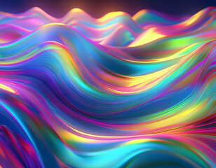 Obraz premium Iridescent Holographic Rainbow Waves Abstract Futuristic Background with Shimmering Fluid Colors