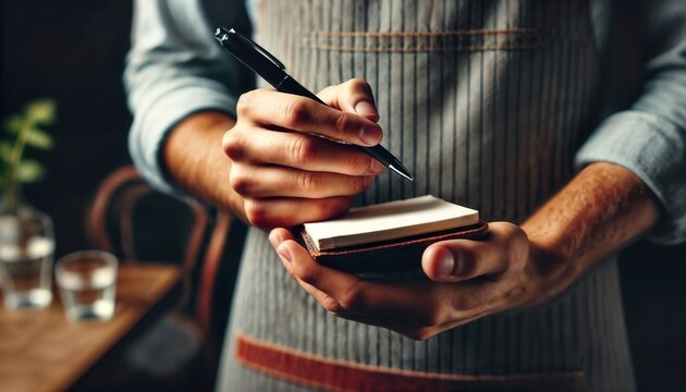 Waiter taking notes on a small notepad in a restaurant - Powered by Adobe