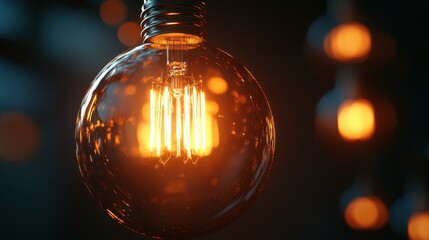 A close-up of a vintage Edison light bulb glowing warmly, with its intricate filament visible against a dark background.