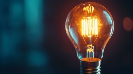 A close-up of a vintage Edison light bulb glowing warmly, with its intricate filament visible against a dark background.