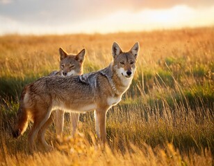 Wild coyotes standing in prairie grass in nature found throughout North America