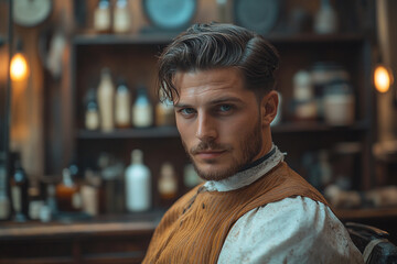 Stylish man in vintage attire poses confidently in a retro barbershop, showcasing classic grooming...