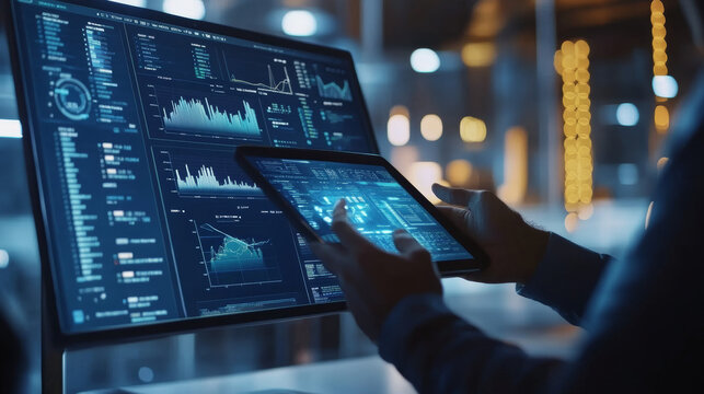 Detailed data visualizations such as heat maps, 3D scatter plots, network diagrams, and pie charts are prominently displayed on the virtual interface. Each visualization is annotated with numbers, 