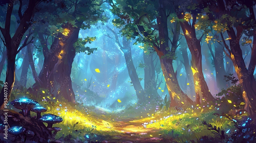 Wall mural a painted path through the woods is illuminated by fireflies emerging from the surrounding foliage