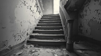 A dramatic black and white photo of a staircase in an old, abandoned building, with peeling paint and broken steps.