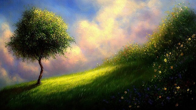   Two trees on a hill with blue sky background and flowers in foreground