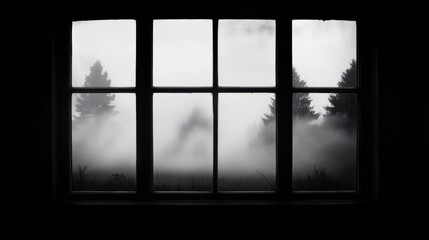 Fototapeta premium A foggy morning view through a mist-covered window, with silhouettes of trees barely visible in the distance.