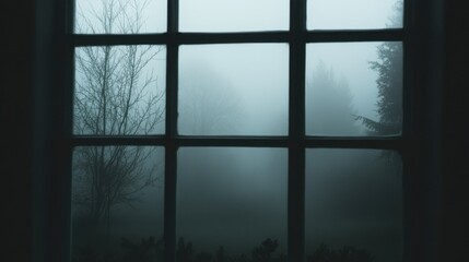 A foggy morning view through a mist-covered window, with silhouettes of trees barely visible in the distance.
