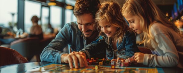 Obraz premium Family bonding over a game in an airport lounge play area, airport, lounge, connection