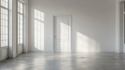 Fototapeta premium Closed White Door in Minimalistic Room, Featuring Clean Lines and Simple Design, Perfect for Modern Interior Concepts, Privacy, and Tranquility Themes.