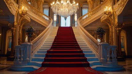 Obraz premium A grand staircase in an opulent mansion, with a red carpet running down the middle and crystal chandeliers hanging above.