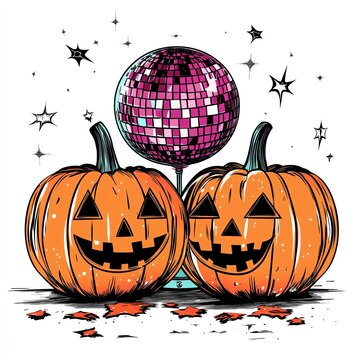 A 70s-style Halloween party flyer, disco ball and pumpkins, bold retro colors, isolated on white background