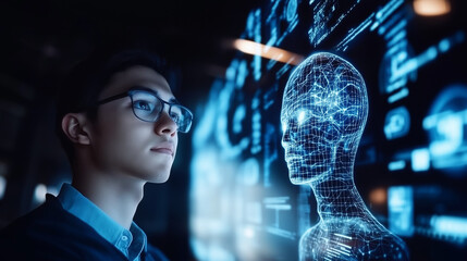 Cyber ​​security threat, IT specialist analyzing information technology data, augmented reality artificial intelligence, side profile. AI generation