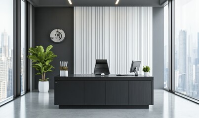 Modern interior design of the executive office, featuring a black cabinet with gray stripes and white lines