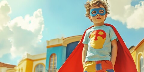 Child in red cape and blue mask looks up.