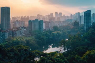 Obraz premium A city scene with a river running through the foreground, featuring urban architecture and scenic views