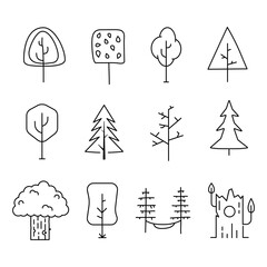 Simple and minimalist tree icons collection. Line art silhouette trees. Stock linear symbols