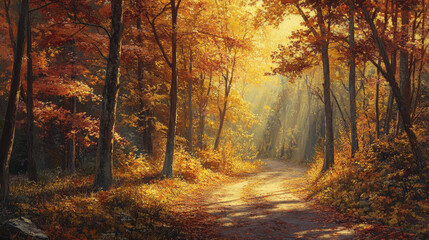 Enchanting Autumn Forest with Sunlight Illuminating Golden and Crimson Leaves Along a Winding Path