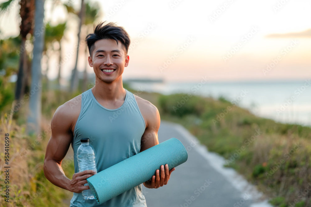 Wall mural A beautiful Chinese man is going to do yoga in the morning by the seaside, carrying a yoga mat in her hands