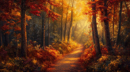 Autumn Tranquility: Sunlit Path through Vibrant Fall Forest with Golden and Crimson Leaves