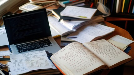 Obraz premium A messy study table with open textbooks, a laptop, and handwritten notes, depicting the life of a busy student.