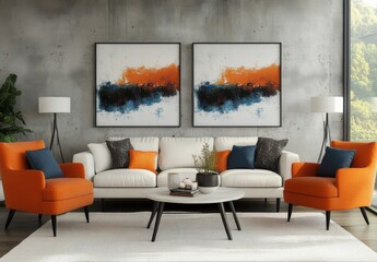 modern living room with a white sofa and orange armchairs, a grey concrete coffee table