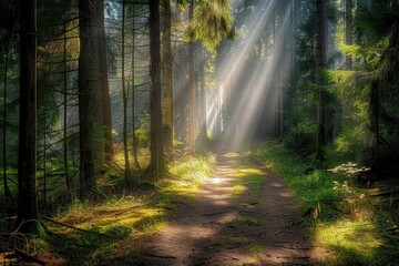 Naklejka premium A dirt path in a dense forest with sunlight filtering through the trees