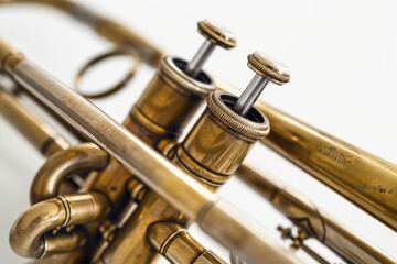 A detailed view of a brass trumpet on a plain white background, suitable for use in music-related compositions