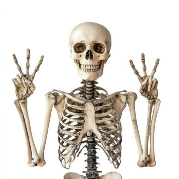 A retro skeleton with a peace sign, 70s Halloween theme, groovy and bold, isolated on white background
