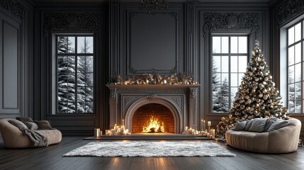 Comfortable living room setting with windows on both sides of the fireplace, grey paneled walls, and silver and gold decorations on the Christmas tree on the right, creating a festive atmosphere