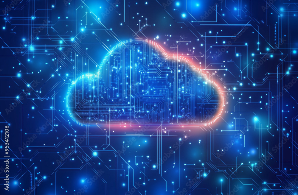 Poster a 3d render of a cloud technology icon seamlessly integrated into a circuit board background, emphas