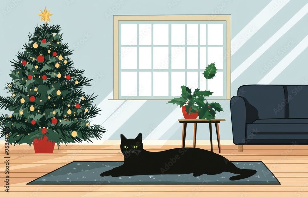 Aufkleber a black cat lies on the carpet in front of an open window. next to it is a christmas tree with decor